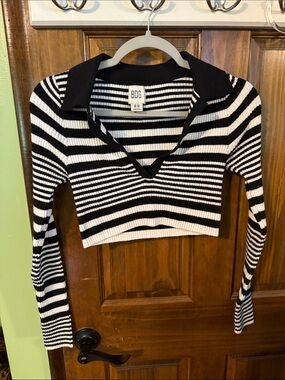 BDG Black & White Striped Collared Ribbed Crop Top